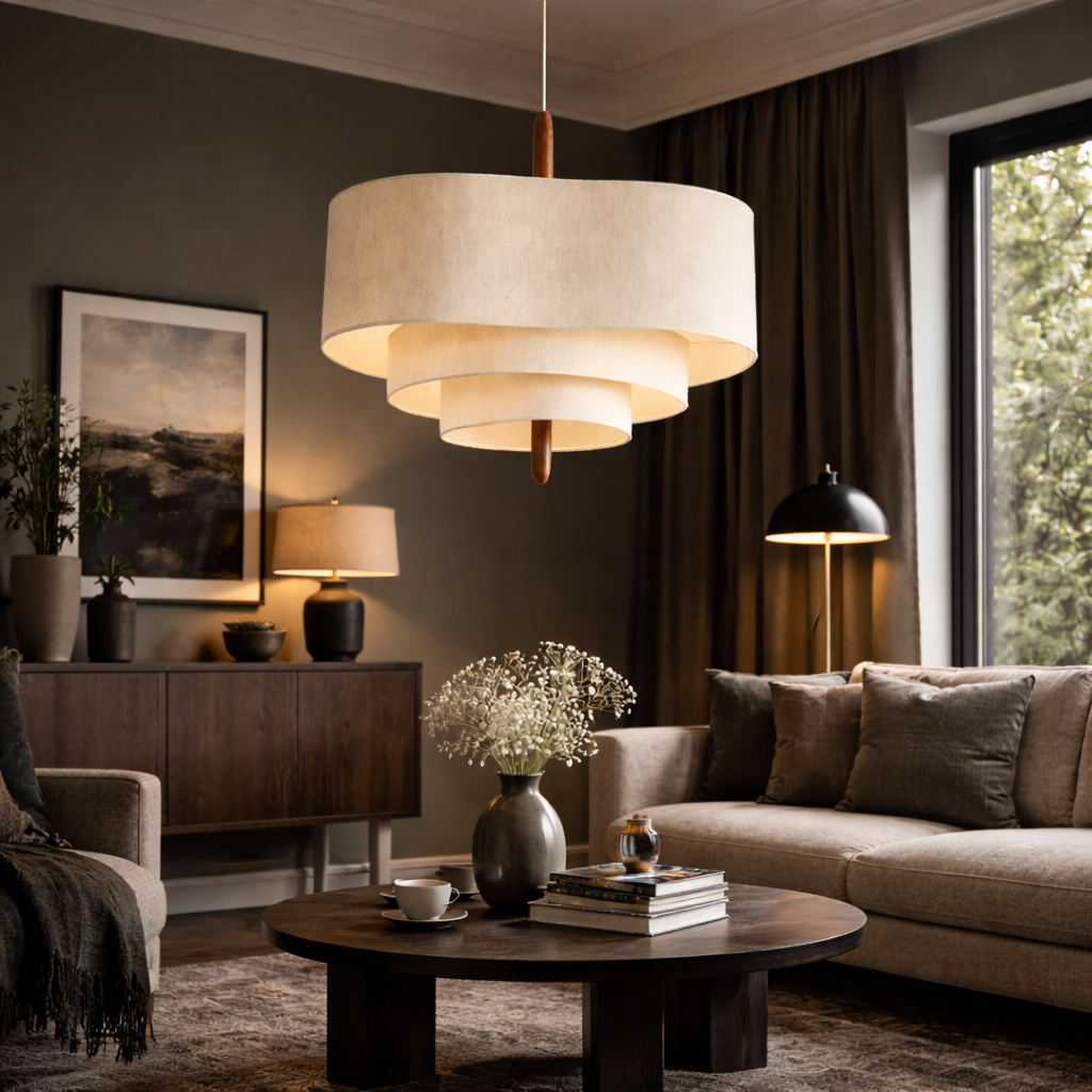 Pendant Light Fabric Wood 58.0 cm Beige Dining Room Japandi Wabi Sabi Hanging Ceiling Lamp Adjustable E27 | Thomler