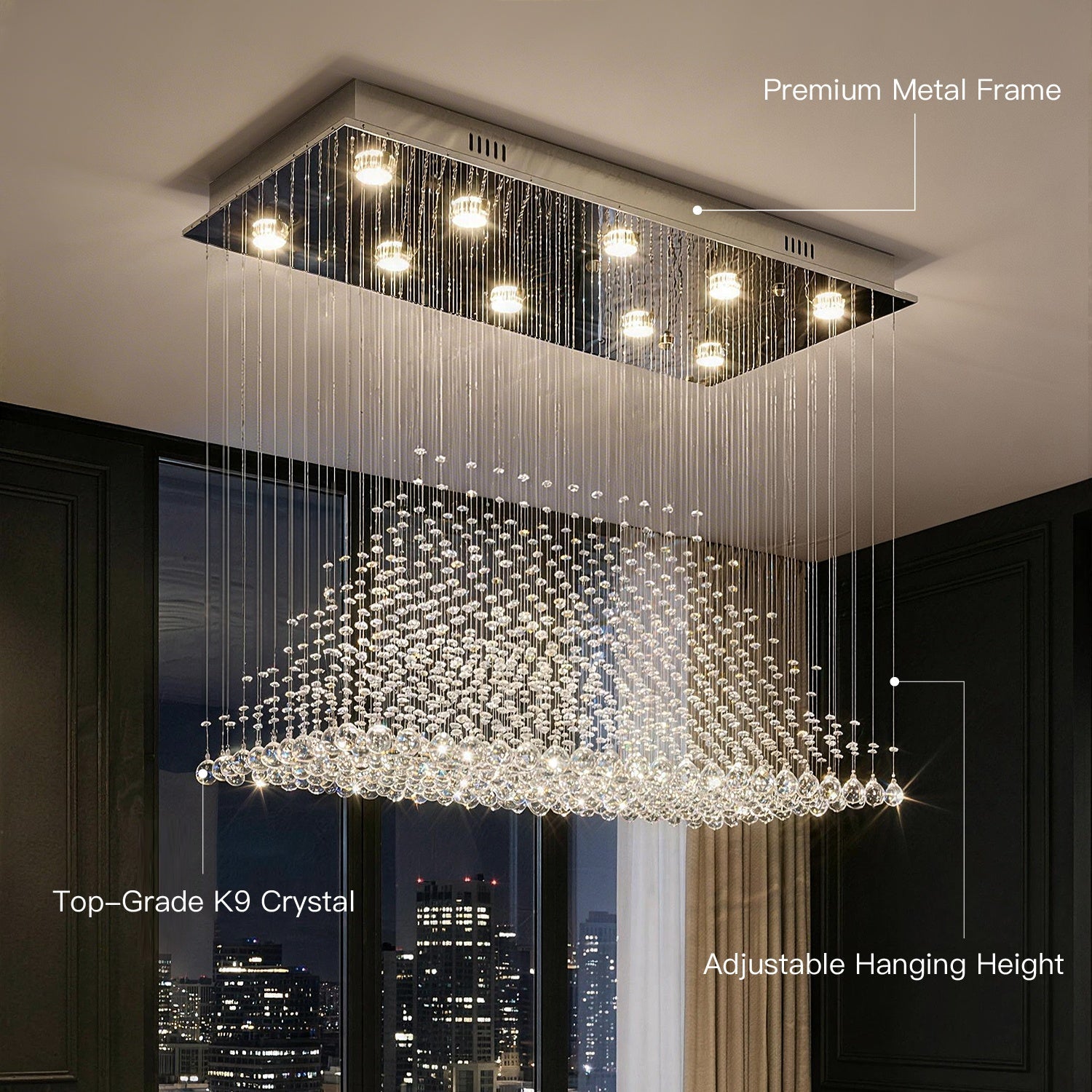 Rectangular Crystal Chandelier with Pyramid Design, 10-Light Stainless Steel Hanging Fixture for Dining Room, Kitchen Island & Living Room | Thomler