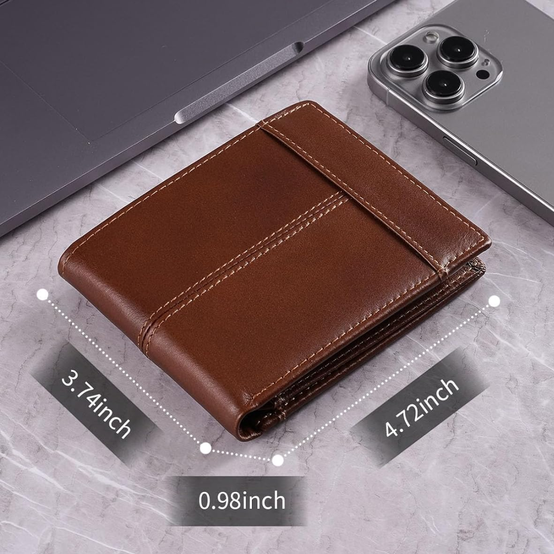 Genuine Leather Bifold Wallet with RFID Protection for Men – 16 Card Slots ID Window Cash Holder Classic Fold Design Slim Everyday Carry Poc | Thomler
