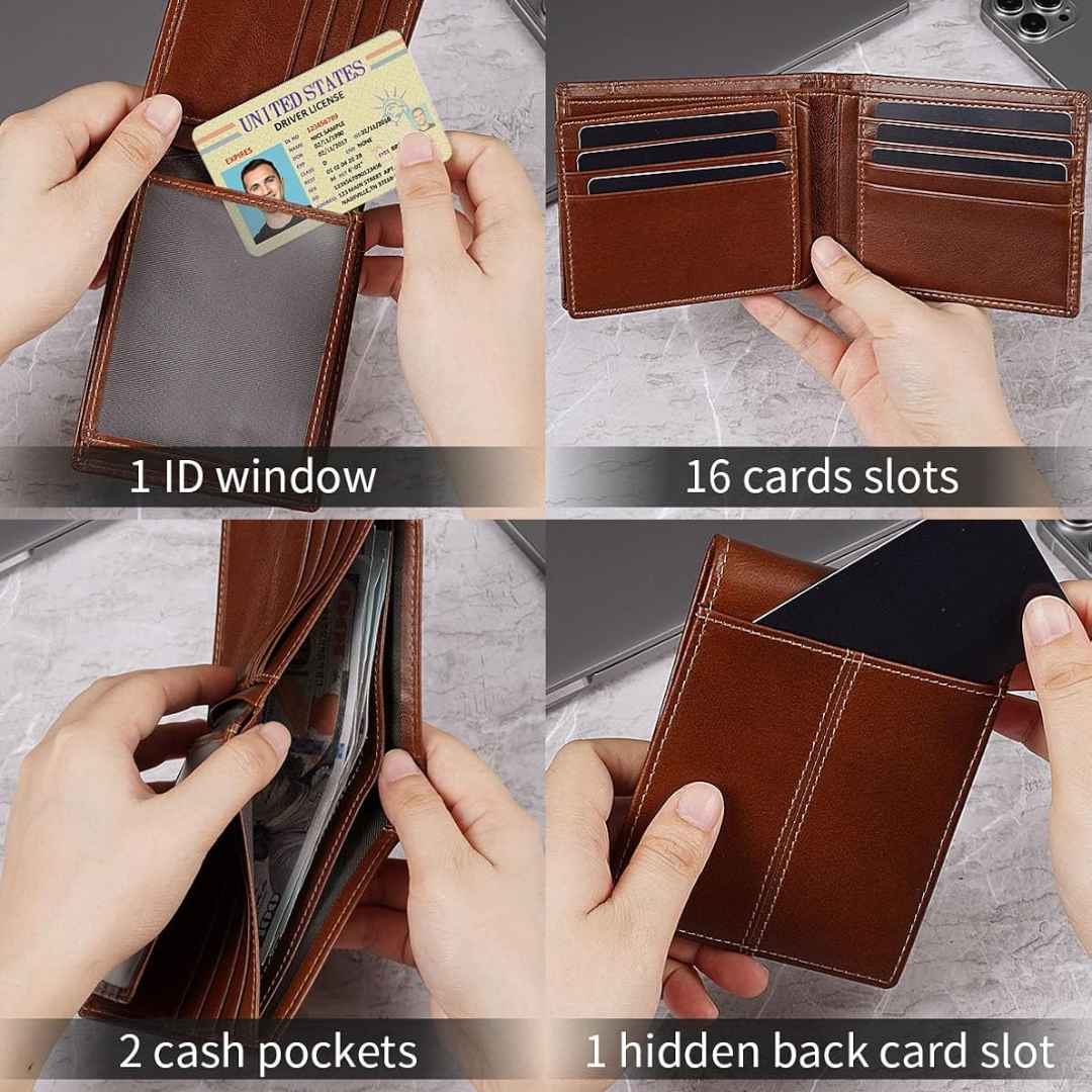 Genuine Leather Bifold Wallet with RFID Protection for Men – 16 Card Slots ID Window Cash Holder Classic Fold Design Slim Everyday Carry Poc | Thomler