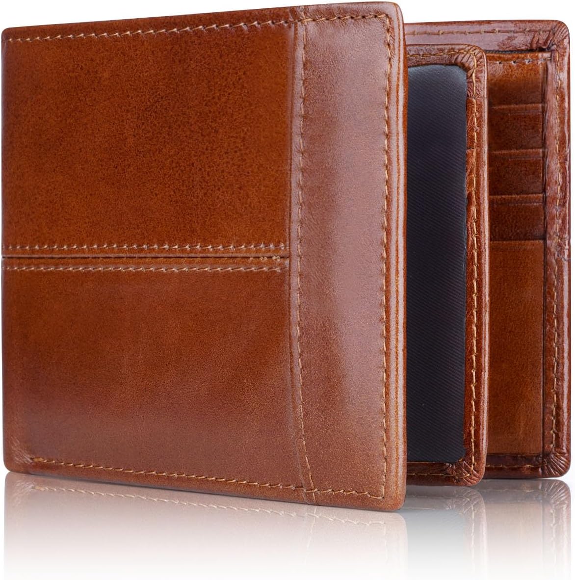 Genuine Leather Bifold Wallet with RFID Protection for Men – 16 Card Slots ID Window Cash Holder Classic Fold Design Slim Everyday Carry Poc | Thomler
