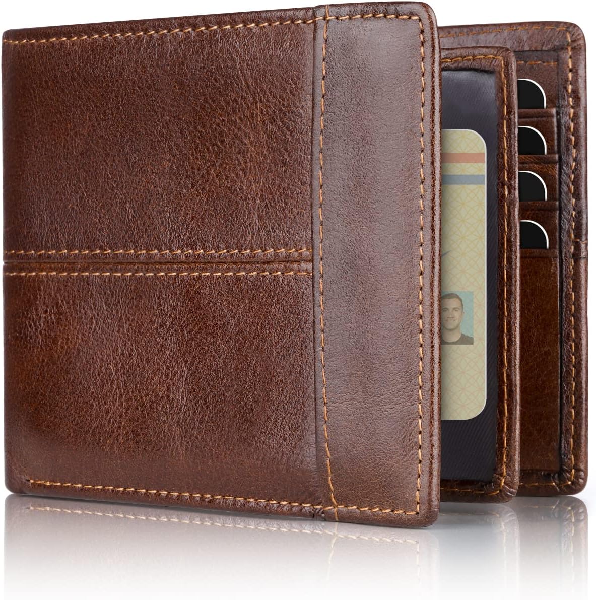 Genuine Leather Bifold Wallet with RFID Protection for Men – 16 Card Slots ID Window Cash Holder Classic Fold Design Slim Everyday Carry Poc | Thomler