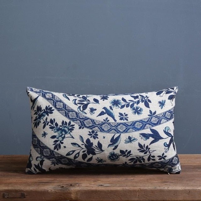 Cushion Cover Linen Cotton Blend 45.0 cm Blue Sofa Bedroom Porcelain Pattern Decorative Throw Pillow Case | Thomler