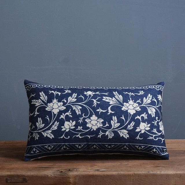 Cushion Cover Linen Cotton Blend 45.0 cm Blue Sofa Bedroom Porcelain Pattern Decorative Throw Pillow Case | Thomler