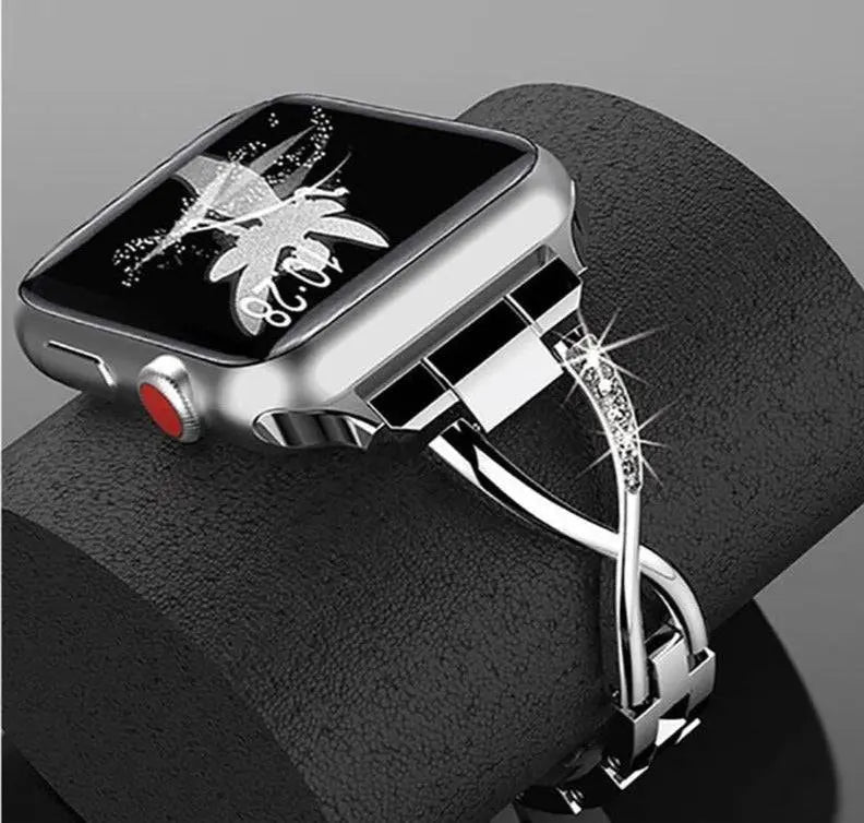 Jewelry-Style Steel Watch Band & Protective Case Bundle for Apple Watch Series – Coordinated Finish & Snap-On Installation | Thomler