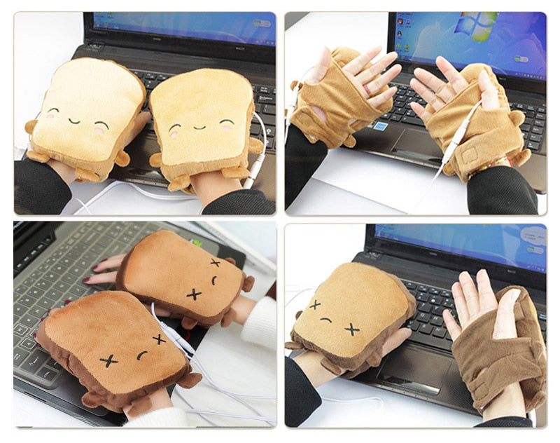 USB Heated Fingerless Gloves - Toast Shape Hand Warmers for Typing & Gaming | Thomler