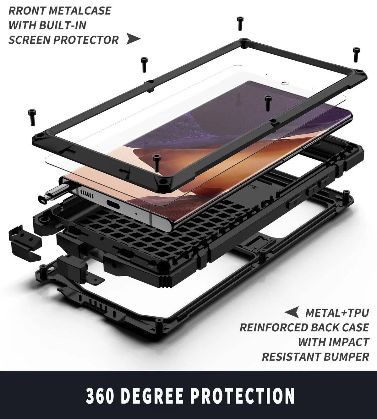 Heavy-Duty Aluminum Phone Case for Galaxy Note 20 & Note 20 Ultra – Tempered Glass Screen Guard, Built-In Kickstand, Scratch-Resistant | Thomler