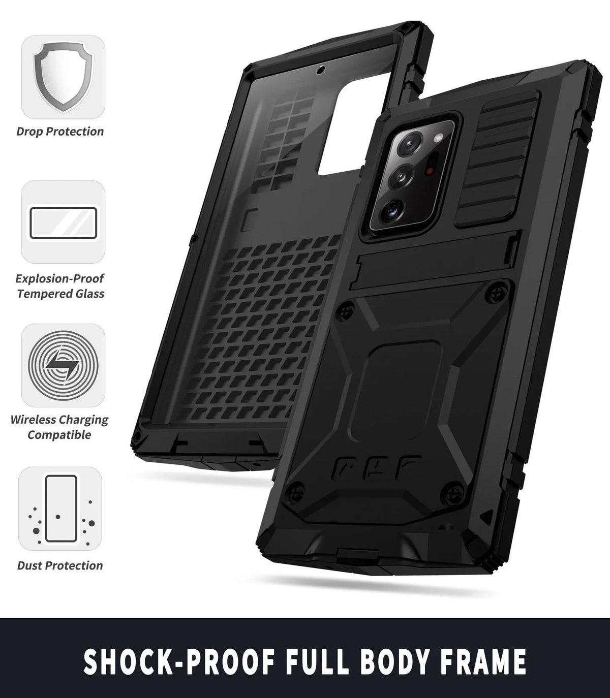 Heavy-Duty Aluminum Phone Case for Galaxy Note 20 & Note 20 Ultra – Tempered Glass Screen Guard, Built-In Kickstand, Scratch-Resistant | Thomler