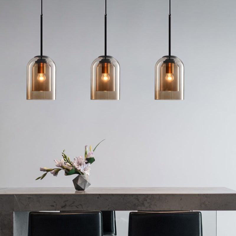 Pendant Light Glass Double Layer 15.0 cm Smoke Grey Dining Room Kitchen Island Hanging Ceiling Lamp E27 Adjustable Cord | Thomler