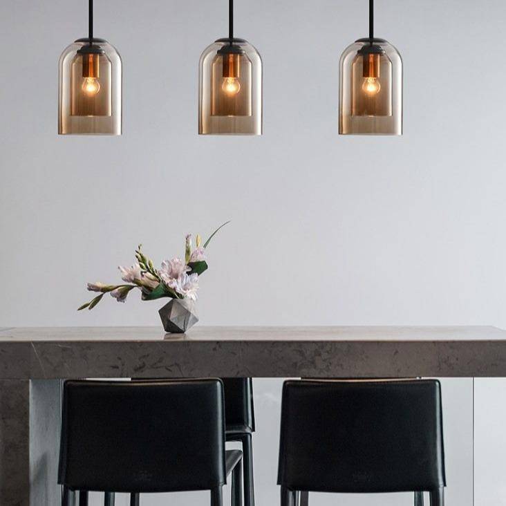 Modern Smoked Glass Pendant Light with Metal Frame for Dining Room & Bedroom | Contemporary Industrial Hanging Lamp Fixture | Ceiling | Thomler