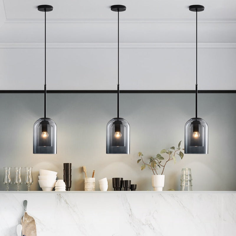 Pendant Light Glass Double Layer 15.0 cm Smoke Grey Dining Room Kitchen Island Hanging Ceiling Lamp E27 Adjustable Cord | Thomler