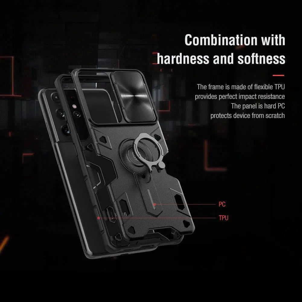 Aluminum Ring Stand Phone Case with Camera Guard for Samsung Galaxy S21, S21 Plus & S21 Ultra – Built-In Kickstand & Shockproof Frame | Thomler