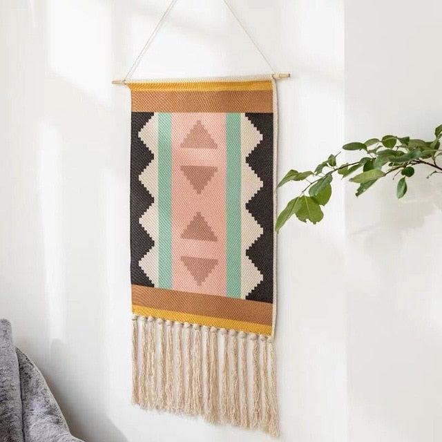 Handwoven Geometric Wall Hanging Tapestry with Tassel Fringe for Living Room, Bedroom & Boho Home Decor | Thomler