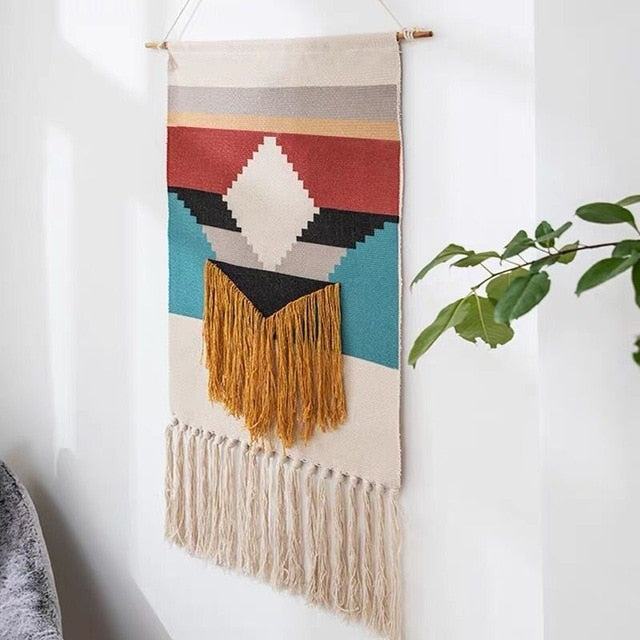 Handwoven Geometric Wall Hanging Tapestry with Tassel Fringe for Living Room, Bedroom & Boho Home Decor | Thomler