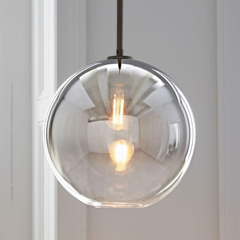 Glass Globe Pendant Light | Single Bulb Hanging Fixture with Brass & Metal Finish | Adjustable Cord Height | 8-12 Inch Diameter | E26 | Thomler