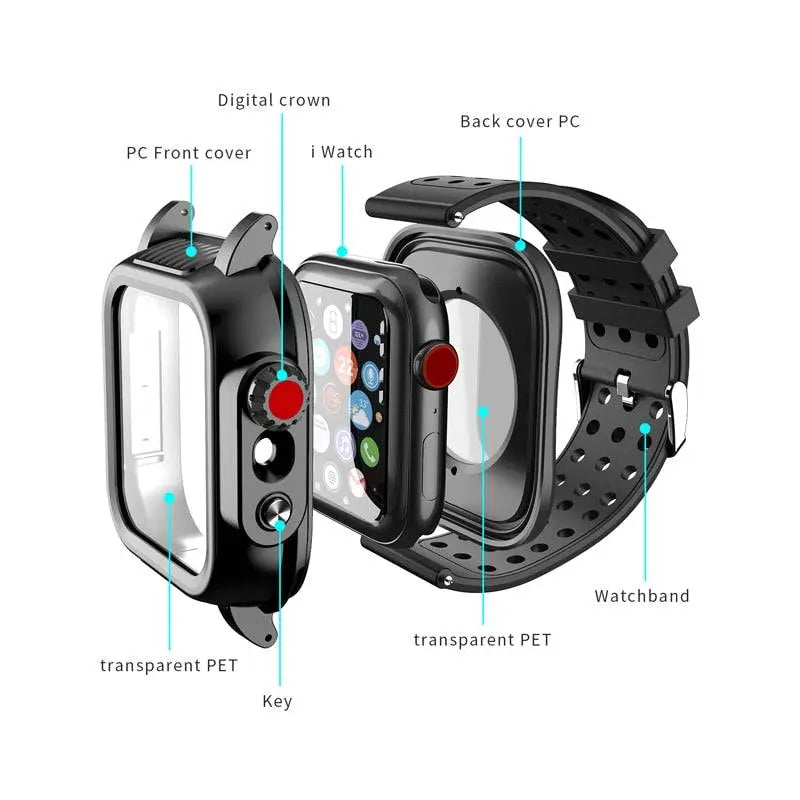 Protective Sport Band & Case Kit for Apple Watch 44mm & 42mm – Silicone Wristband with Snap-On Screen Bumper for Series 6/5/4/SE & Series | Thomler