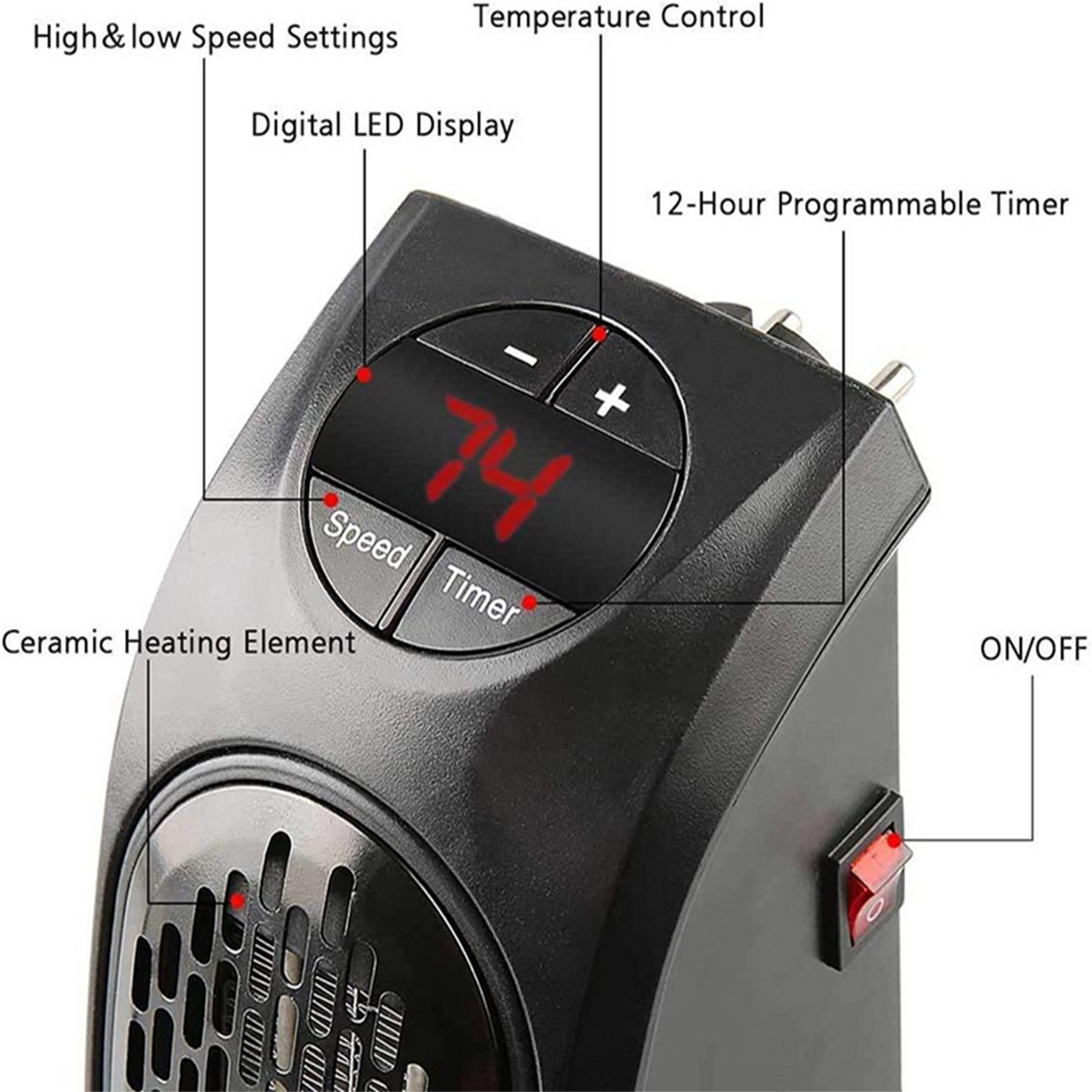 Compact Wall Outlet Ceramic Space Heater with Digital Temp Display & Timer – 400W Plug-In Room Warmer for Small Spaces | Thomler