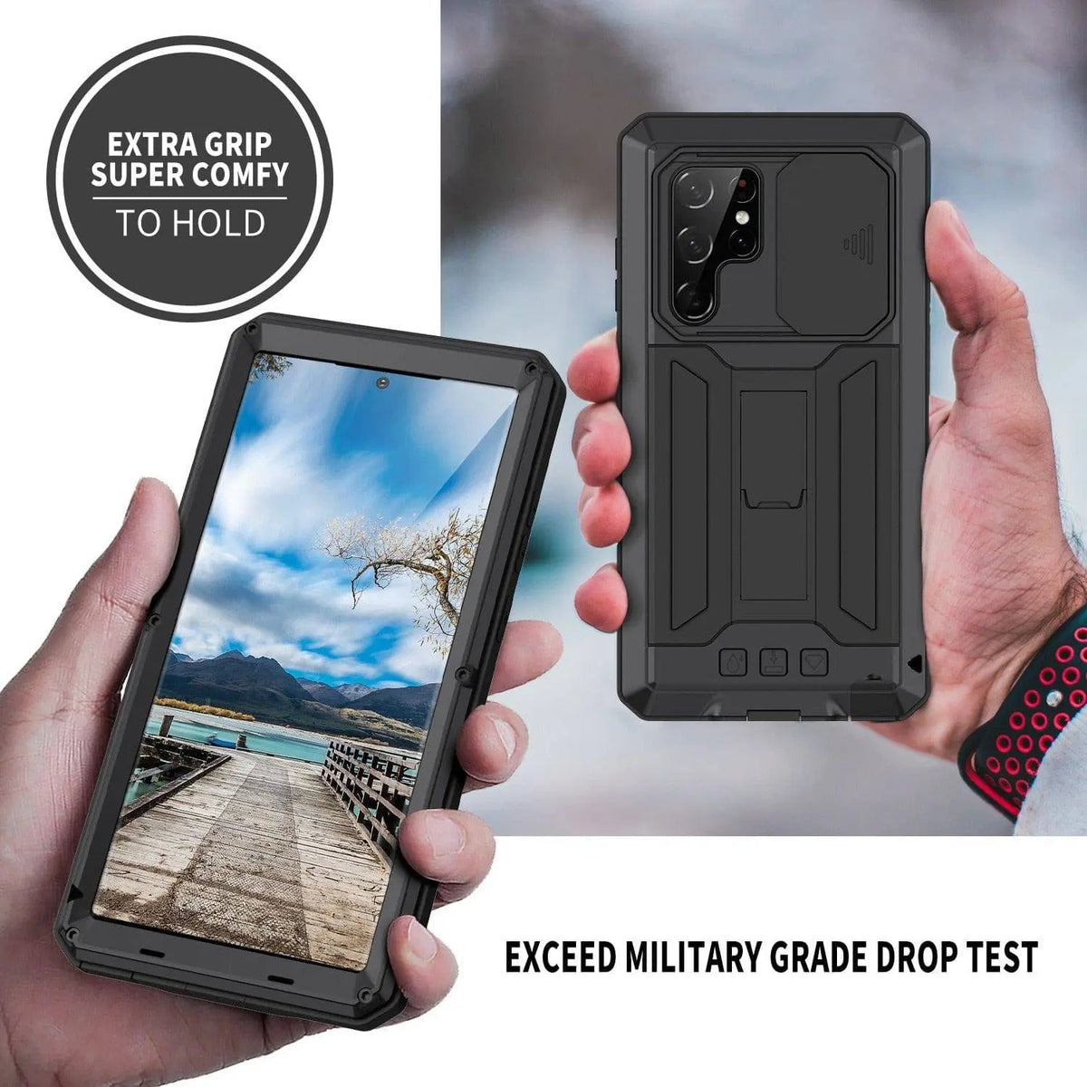 Heavy-Duty Aluminum Shell Phone Case with Built-In Kickstand & Screen Guard for Samsung Galaxy S22, S22 Plus & S22 Ultra | Thomler