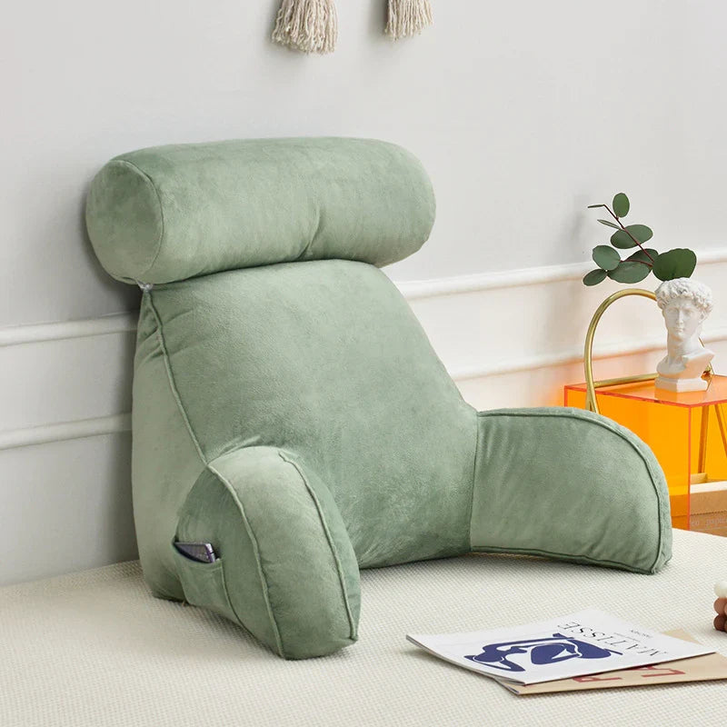 Backrest Cushion with Armrests for Lounging in Bed – Lumbar Support Pillow for TV & Books – Machine Washable Cover, Side Pocket | Thomler