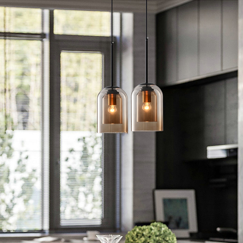 Pendant Light Glass Double Layer 15.0 cm Smoke Grey Dining Room Kitchen Island Hanging Ceiling Lamp E27 Adjustable Cord | Thomler
