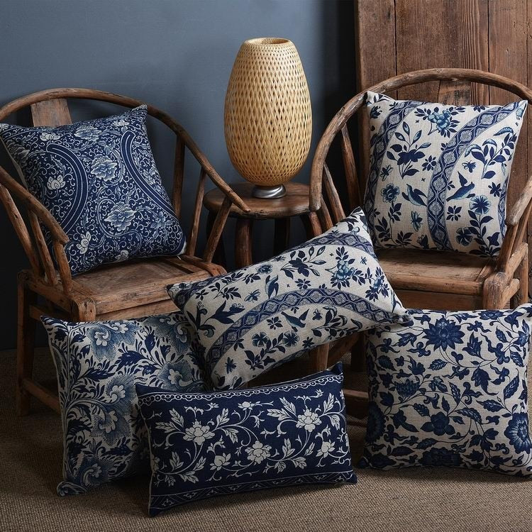 Cushion Cover Linen Cotton Blend 45.0 cm Blue Sofa Bedroom Porcelain Pattern Decorative Throw Pillow Case | Thomler