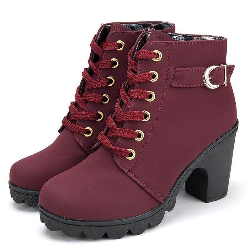 Women's Block Heel Ankle Boots with Side Zip – Faux Leather Winter Booties | Thomler