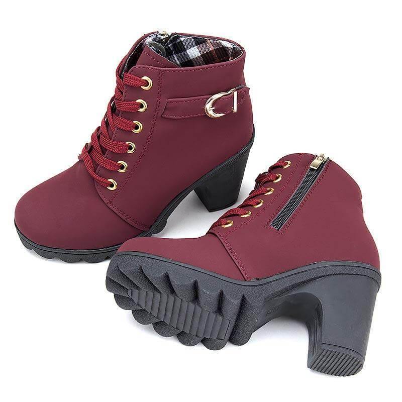 Women's Block Heel Ankle Boots with Side Zip – Faux Leather Winter Booties | Thomler