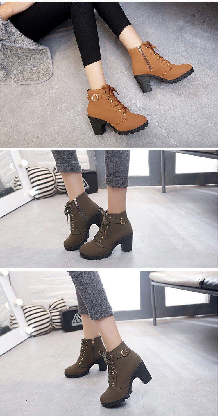 Women's Block Heel Ankle Boots with Side Zip – Faux Leather Winter Booties | Thomler