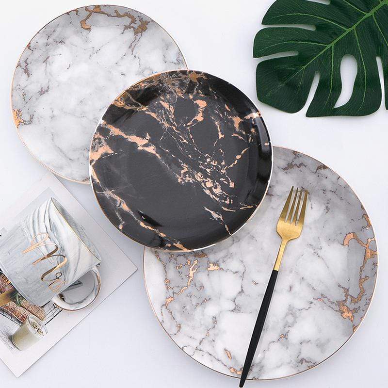 Dinner Plates Porcelain Marble Pattern 20.0 cm (7.9") Gold Rim Dining Table Dessert Salad Serving Tableware Set | Thomler
