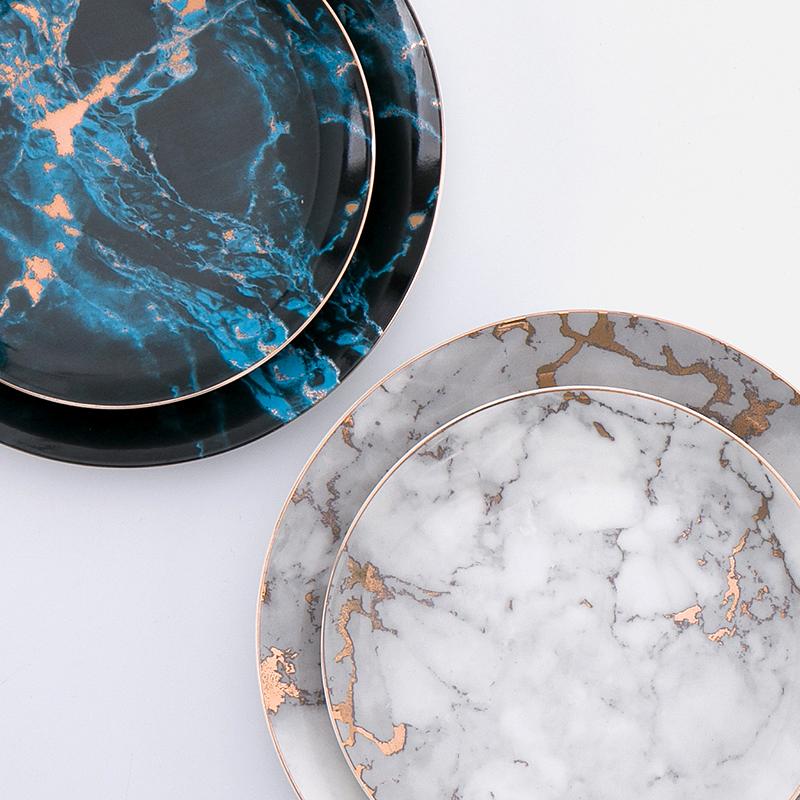 Dinner Plates Porcelain Marble Pattern 20.0 cm (7.9") Gold Rim Dining Table Dessert Salad Serving Tableware Set | Thomler