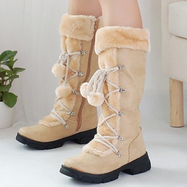 Women's Mid-Calf Winter Boots with Bow Accent & Lace-Up Design – Plush-Lined Wedge Snow Boots for Cold Weather | Thomler