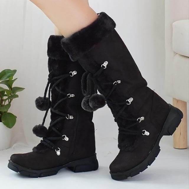 Women's Mid-Calf Winter Boots with Bow Accent & Lace-Up Design – Plush-Lined Wedge Snow Boots for Cold Weather | Thomler