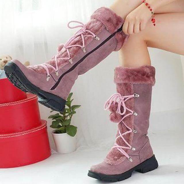 Women's Mid-Calf Winter Boots with Bow Accent & Lace-Up Design – Plush-Lined Wedge Snow Boots for Cold Weather | Thomler
