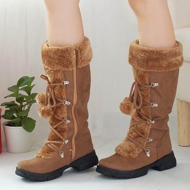Women's Mid-Calf Winter Boots with Bow Accent & Lace-Up Design – Plush-Lined Wedge Snow Boots for Cold Weather | Thomler