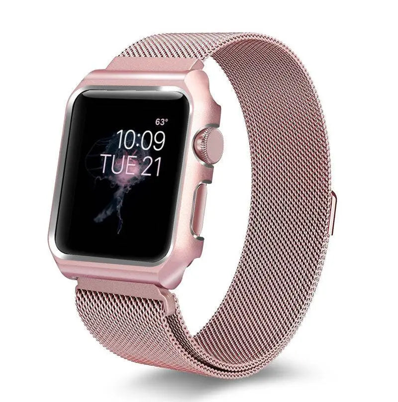 Stainless Steel Mesh Band & Protective Case Bundle for Apple Watch 38mm 40mm 42mm 44mm – Magnetic Adjustable Strap with Coordinated Cover | Thomler