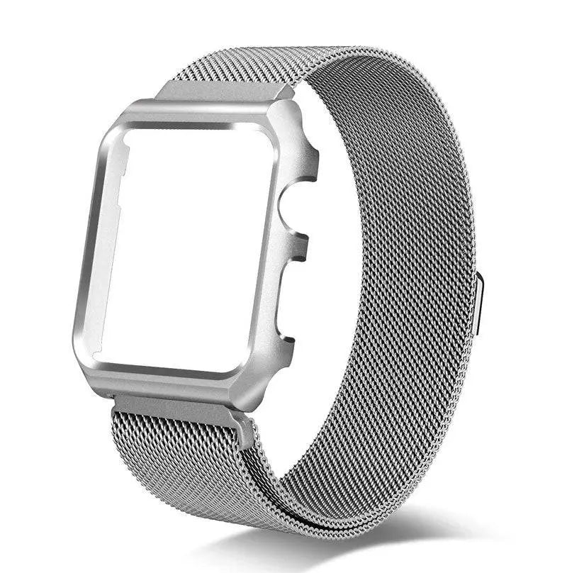 Stainless Steel Mesh Band & Protective Case Bundle for Apple Watch 38mm 40mm 42mm 44mm – Magnetic Adjustable Strap with Coordinated Cover | Thomler