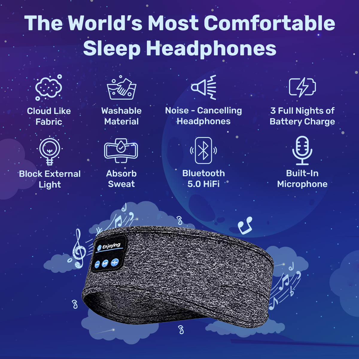 Sleep Headband Headphones Soft Washable Wireless Bluetooth for Insomnia Snoring Noise Blocking Meditation Travel Headset Gray Black | Thomler