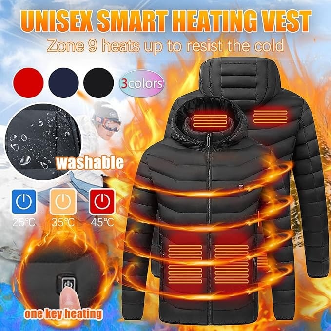Electric Heated Puffer Jacket with 9 Heat Zones & Hood for Men & Women | Thomler