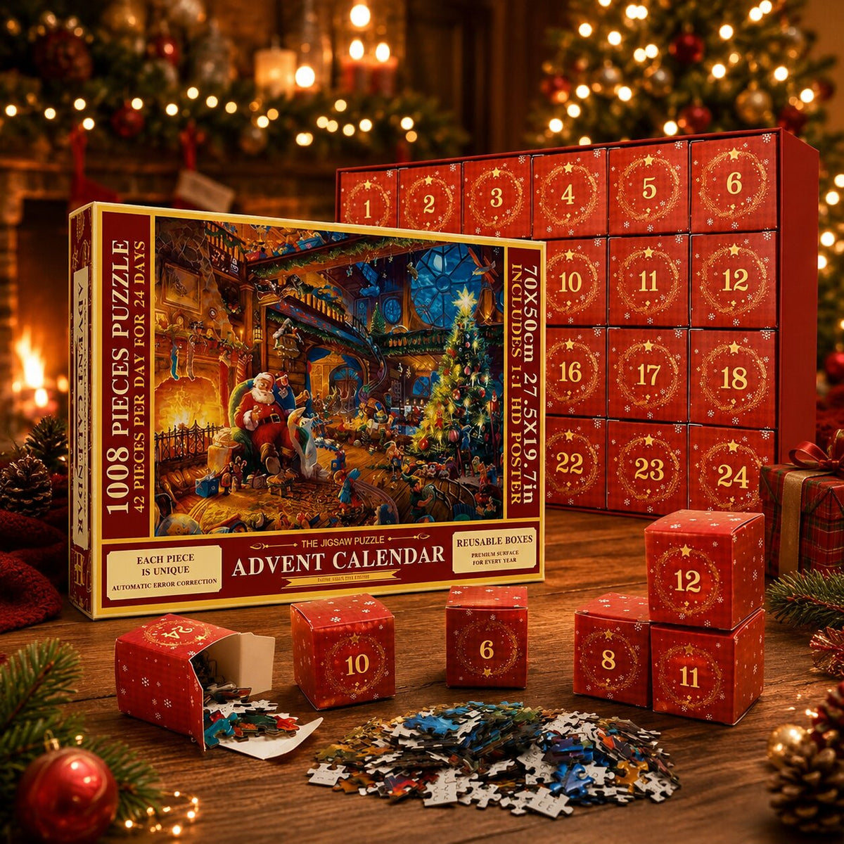 Holiday Countdown Jigsaw Calendar – 1,008-Piece Christmas Puzzle in 24 Daily Segments with Full-Size Guide Poster | Thomler
