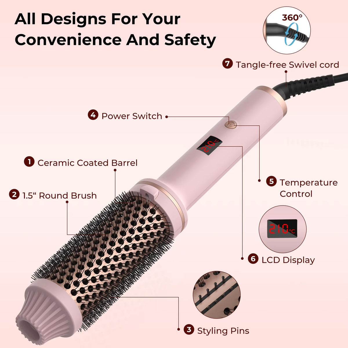 3-in-1 Heated Styling Brush with Ionic Technology for Smooth, Frizz-Free Hair – Fast Heat, 9 Temperature Levels – Multi-Function Curling & | Thomler