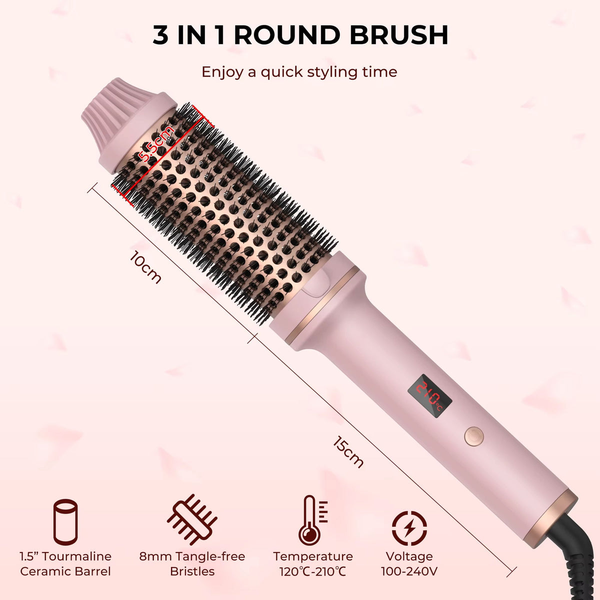 3-in-1 Heated Styling Brush with Ionic Technology for Smooth, Frizz-Free Hair – Fast Heat, 9 Temperature Levels – Multi-Function Curling & | Thomler