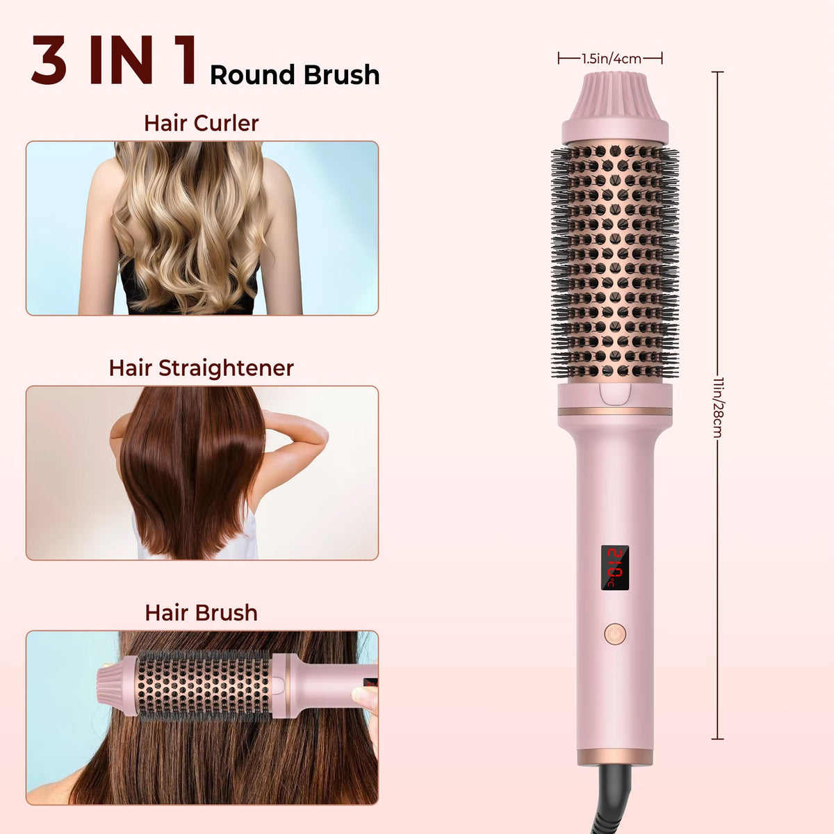 3-in-1 Heated Styling Brush with Ionic Technology for Smooth, Frizz-Free Hair – Fast Heat, 9 Temperature Levels – Multi-Function Curling & | Thomler