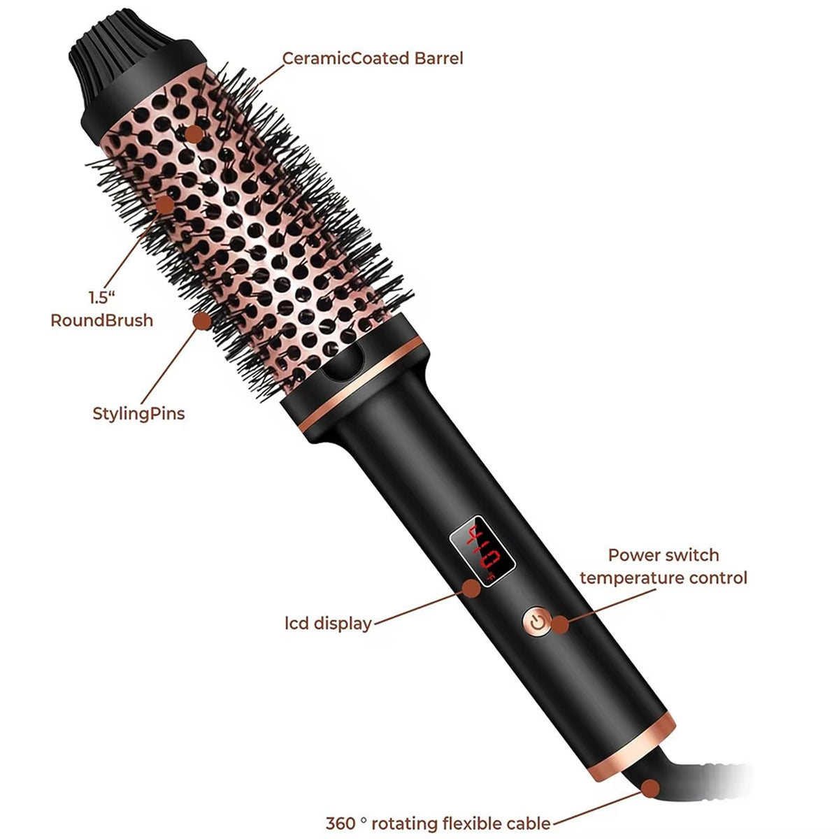 3-in-1 Heated Styling Brush with Ionic Technology for Smooth, Frizz-Free Hair – Fast Heat, 9 Temperature Levels – Multi-Function Curling & | Thomler