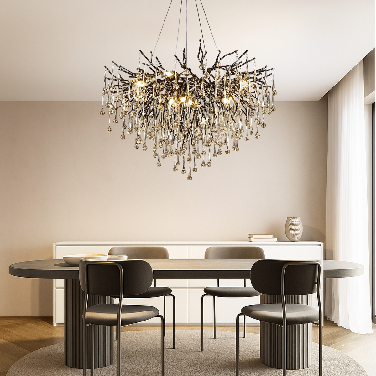 Crystal Raindrop Chandelier Black Aluminum Ring Warm LED High Ceiling Entryway Dining Room Modern Cascade Lighting Fixture | Thomler