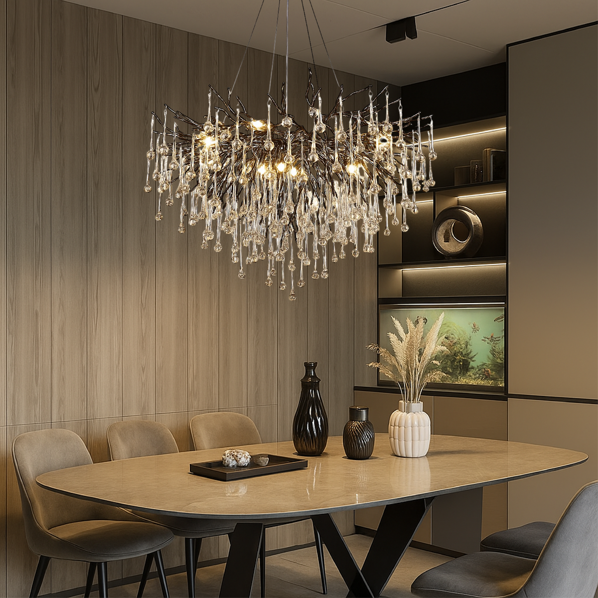 Crystal Raindrop Chandelier Black Aluminum Ring Warm LED High Ceiling Entryway Dining Room Modern Cascade Lighting Fixture | Thomler