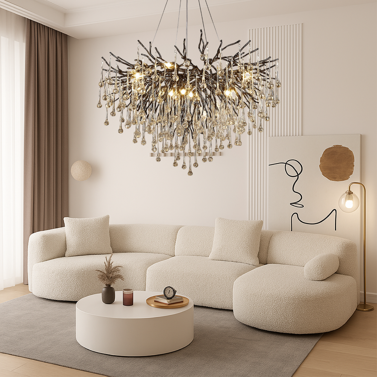 Crystal Raindrop Chandelier Black Aluminum Ring Warm LED High Ceiling Entryway Dining Room Modern Cascade Lighting Fixture | Thomler
