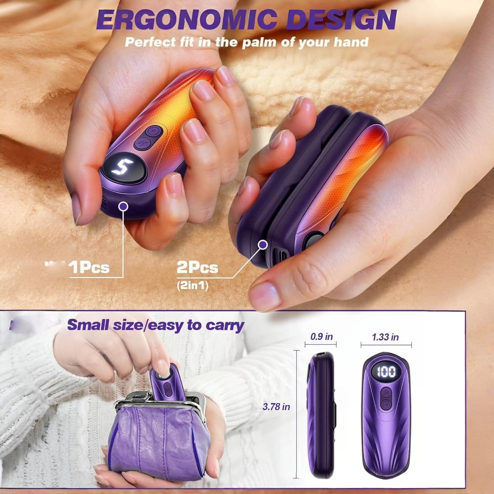 USB Hand Warmers 5-Heat LED Display Pocket Heaters Rechargeable Set 2-Pack for Skiing Winter Commute | Thomler