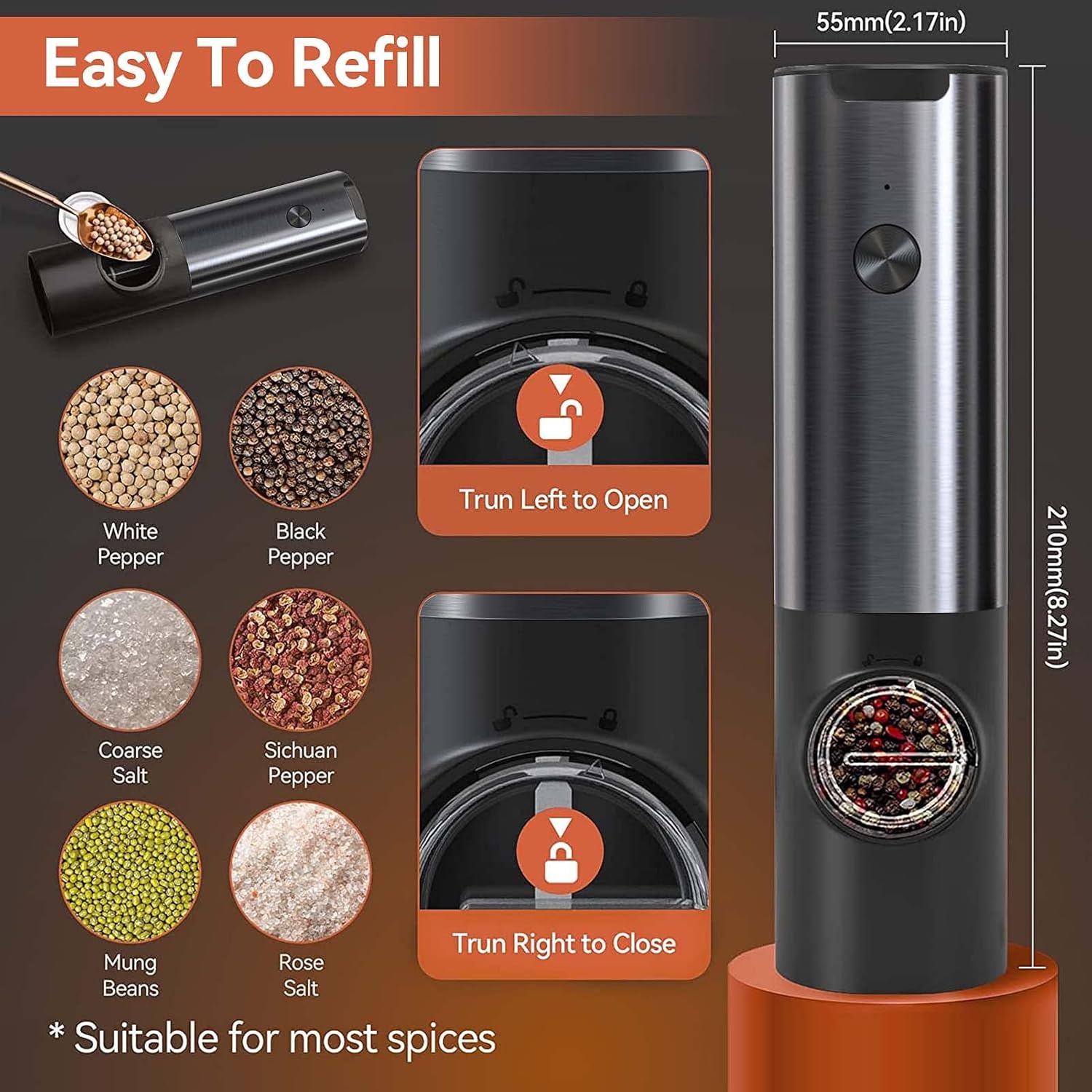 USB Rechargeable Electric Grinder Mill for Spices and Seasonings – Automatic One-Touch Stainless Steel Mill with Adjustable Coarseness Setti | Thomler