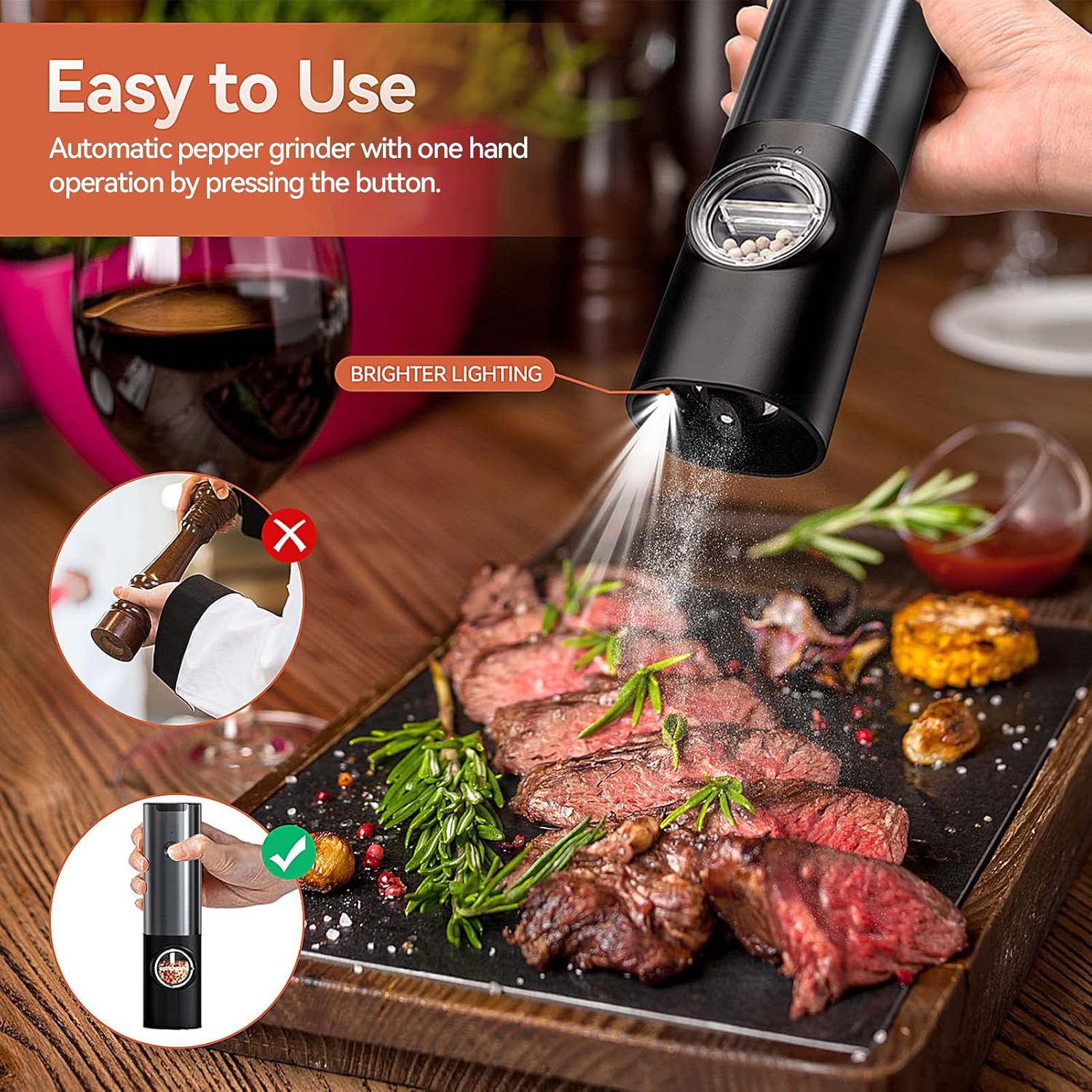 USB Rechargeable Electric Grinder Mill for Spices and Seasonings – Automatic One-Touch Stainless Steel Mill with Adjustable Coarseness Setti | Thomler
