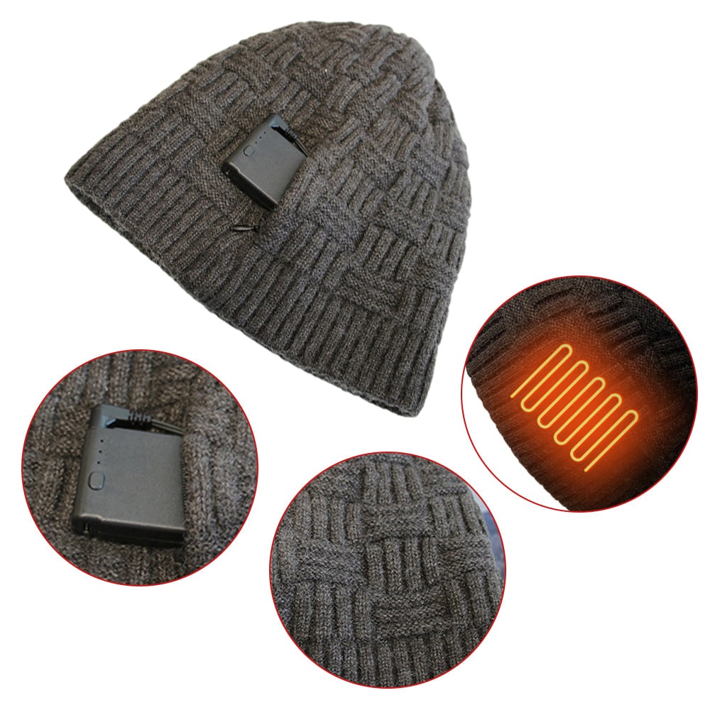 Rechargeable Electric Heated Knit Beanie with Built-In 3400mAh Power Bank for Outdoor Winter Activities | Thomler